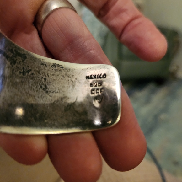 Silver Mexico 925 Modernist Cuff Bracelet with Oval Bloodstone.  81 Grams Sz 6.7 - Picture 3 of 4